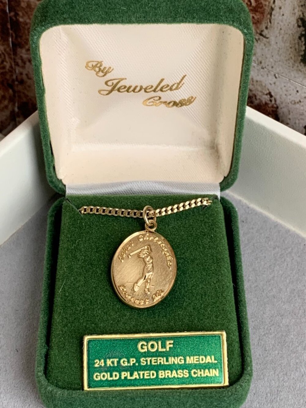 Gold-Plated St. Christopher “Golf Girl” Medal w/ 24" Gold‑Plated Brass Chain w/